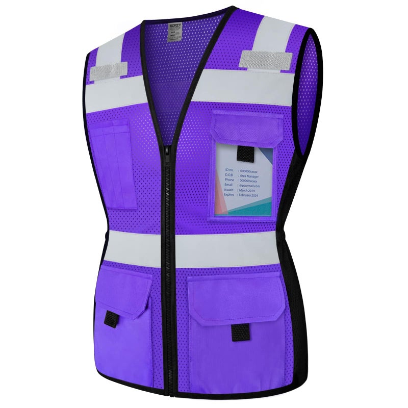 TCCFCCT Women Construction Work Vest 11 Pockets Snug-Fit High Visibility Reflective Vest with Zipper, Neon Safety Vest for Lady Contractors/Surveyors/Workers, Durable to Use, Meets ANSI, Purple XL - Image 1